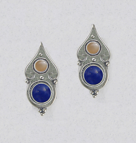 Sterling Silver Gothic Look Post Stud Earrings With Lapis Lazuli And Peach Moonstone